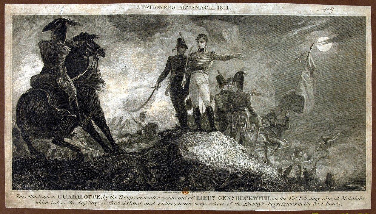 Teğmen General Beckwith komutasındaki birlikler tarafından 3 Şubat 1810 gece yarısı, T. Edwards tarafından oyulmuş 'The Stationer's Almanac'tan Guadeloupe'ye Saldırı, 1810'da yayınlandı (co. by William Henry Brooke