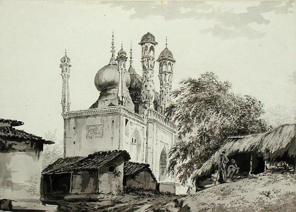 Gazipoor Camii, c.1781 (kalem, tükenmez kalem, mürekkep ve kağıt üzerine yıkama) by William Hodges