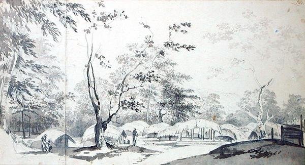 Baugelepoor (Bhagalpur) 1783 Bölgesindeki Bir Tepe Köyünden Bir Görünüm (birleştirilmiş iki kağıt parçası üzerinde gri yıkama ve grafit) by William Hodges