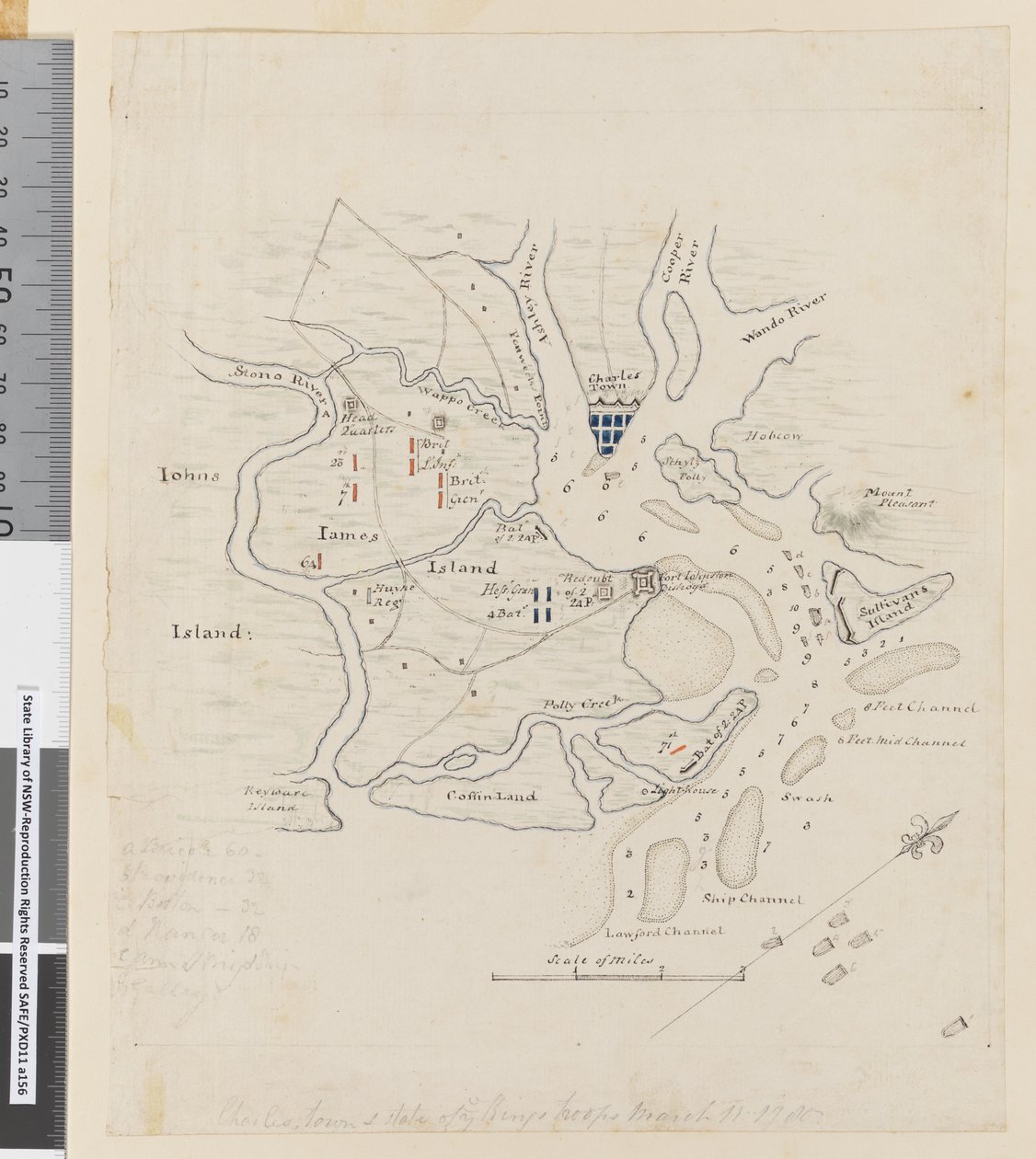 Sayfa 37b Charlestown Haritası ve Kings birliklerinin durumu, 11 Mart 1780 (kalem, tükenmez kalem ve mürekkep) by William Hodges