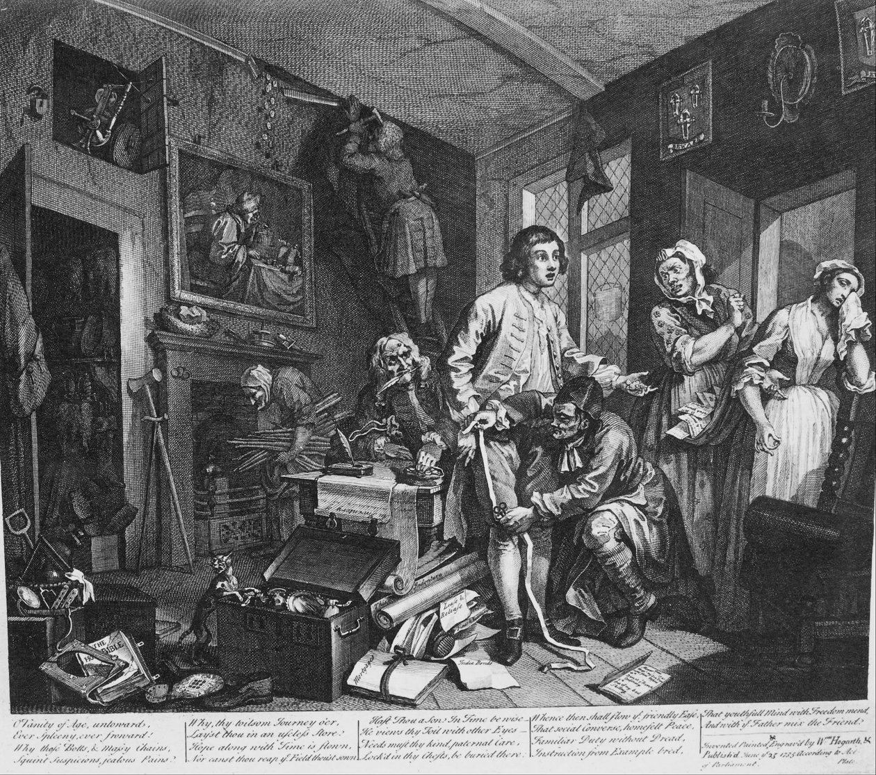 Bir Rakes İlerlemesi, Plaka 1, Genç Varis Cimri Etkilerine Sahip Çıkıyor by William Hogarth