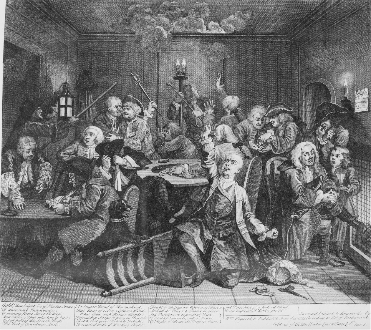 Bir Rakes İlerlemesi, Plaka 6, Oyun Evinde Sahne by William Hogarth