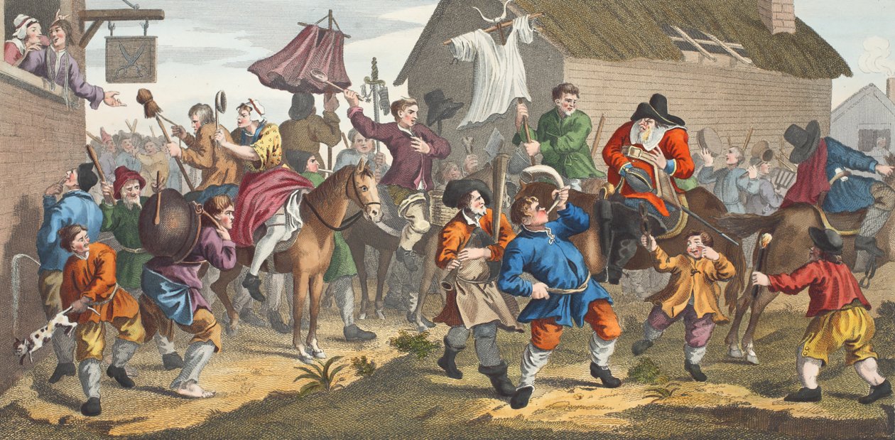 Hudibras Skimmington ile Karşılaşıyor, 'Hogarth Restore Edildi: Thomas Cook tarafından yeniden oyulmuş ünlü William Hogarth'ın Bütün Eserleri'nden bir örnek, pub. 1812 (el boyaması gravür) by William Hogarth