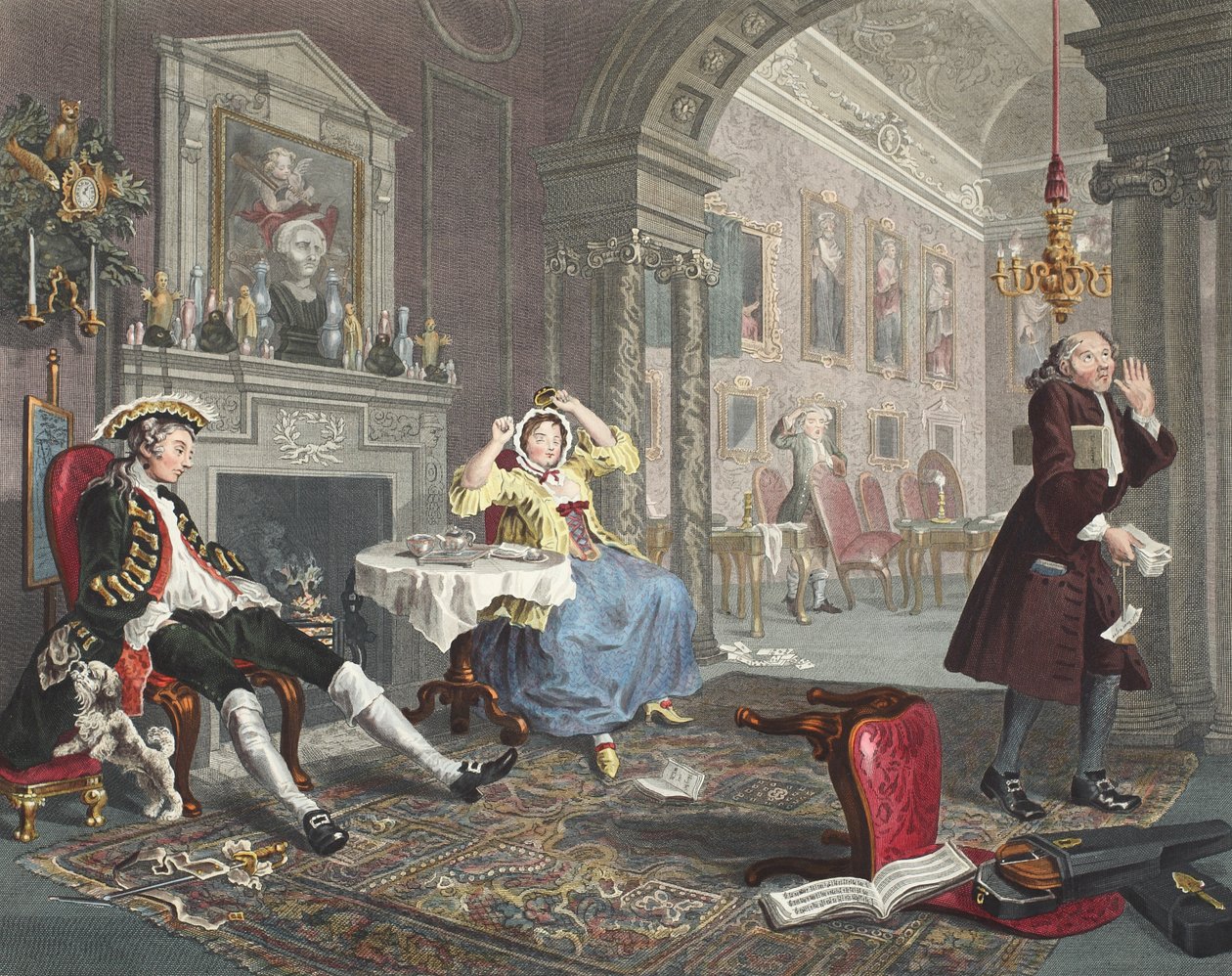 Evlilik a la Mode, Plaka II, Tete a Tete, 'Hogarth Restore Edildi: Thomas Cook tarafından yeniden oyulmuş ünlü William Hogarth'ın Bütün Eserleri'nden illüstrasyon, pub. 1812 (el boyaması gravür) by William Hogarth