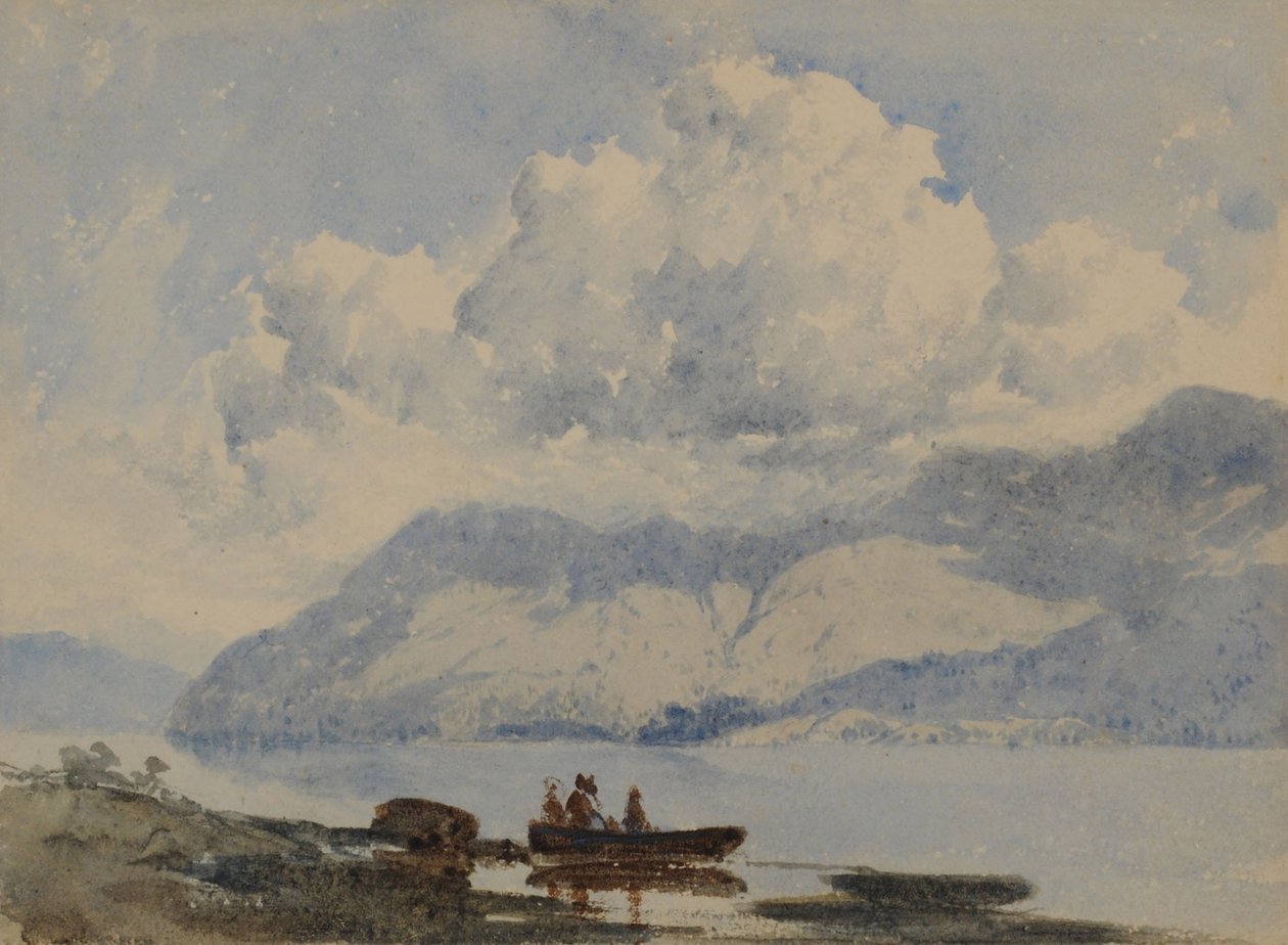 Kayıklı ve Figürlü Göl, 1840-58 (kağıt üzerinde wc) by William James Blacklock