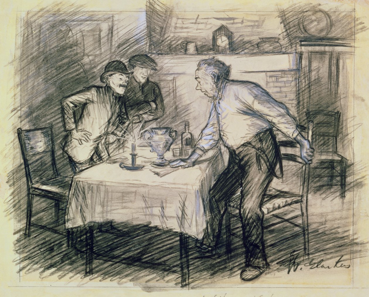 Masadan Kalkan Üç Adamla İç Mekan (kalem ve kağıt üzerinde yıkama) by William James Glackens