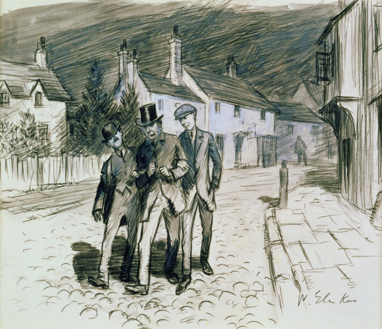 Üç Sarhoş Sokak Sahnesi (kalem ve kağıt üzerinde yıkama) by William James Glackens