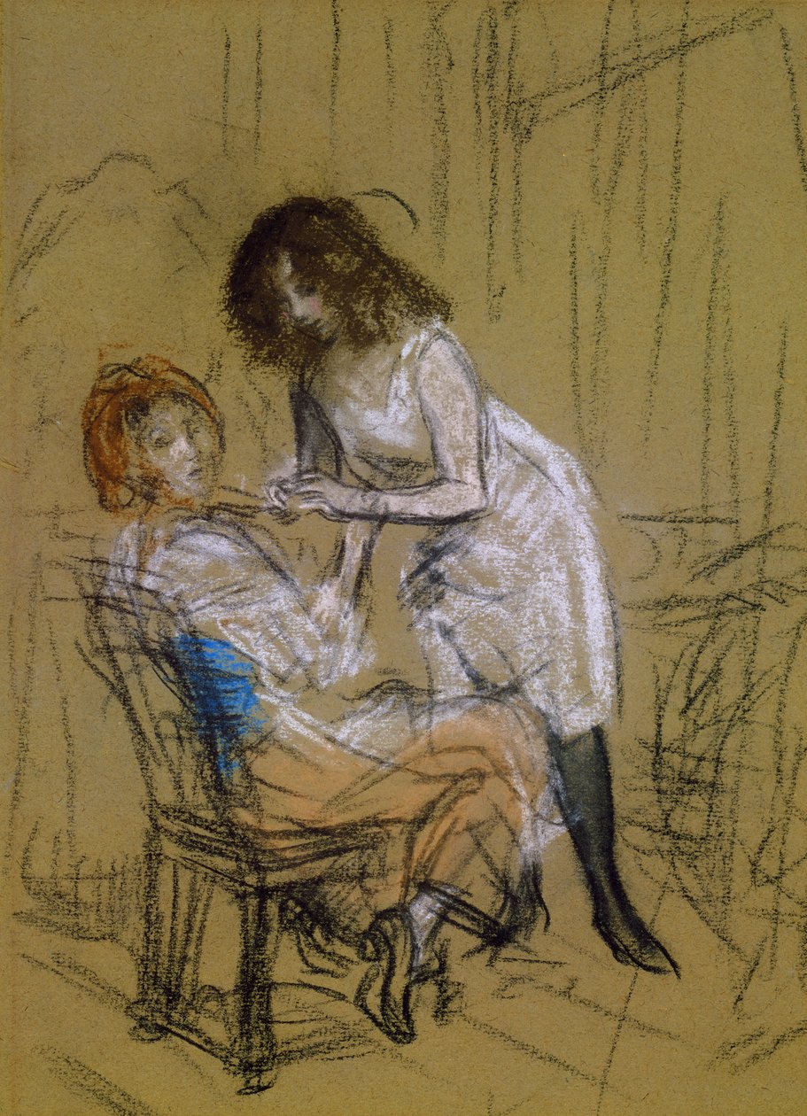 Bir Yatak Odasında İki Kadın (kağıt üzerinde kömür ve tebeşir) by William James Glackens