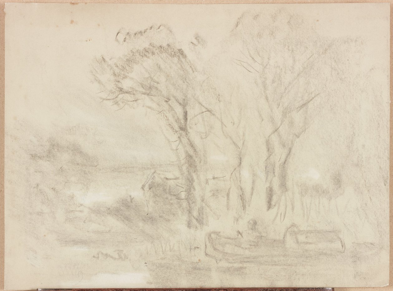 Tekne ve Figürlü Manzara (kağıt üzerine pastel ve kurşun kalem (buff)) by William James Muller