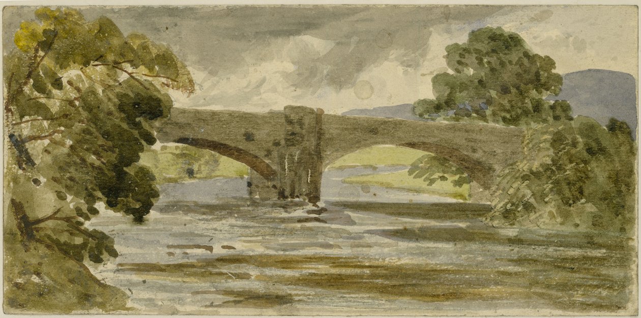 Köprülü ve Ağaçlı Manzara (kağıda sulu boya (karta yapıştırılır)) by William James Muller