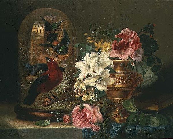 Çiçekler ve Kuşlarla Natürmort by John Wainwright