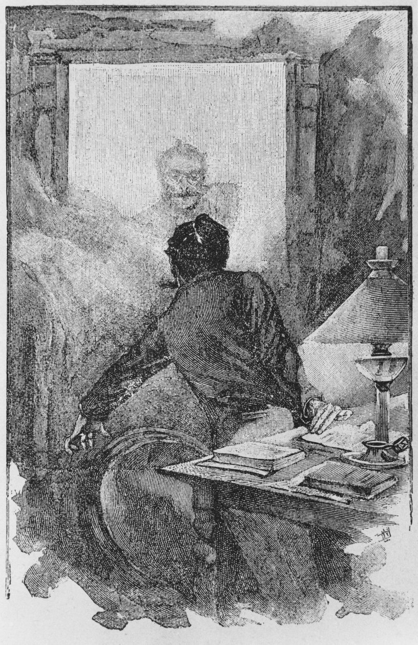 Anlatıcı ve Horla, Guy de Maupassant'ın (1850-93) 'Le Horla'dan çizimi, Georges Lemoine, Paris, Editions Albin Michel, c.1910 (ahşap gravür) by William Julian Damazy