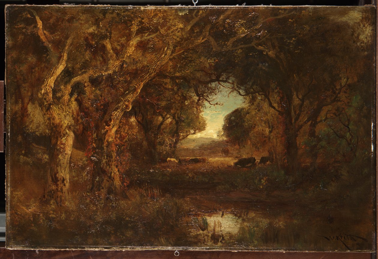 Ağaçlarla dolu gün batımı manzarası by William Keith