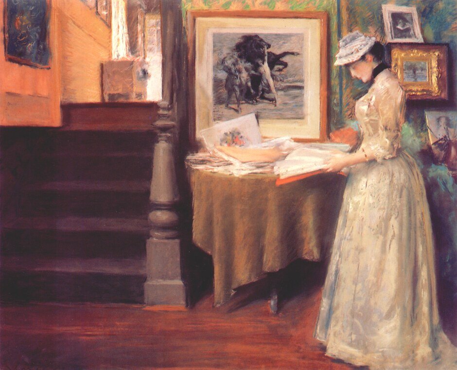iç, genç kadın, bir masa by William Merritt Chase