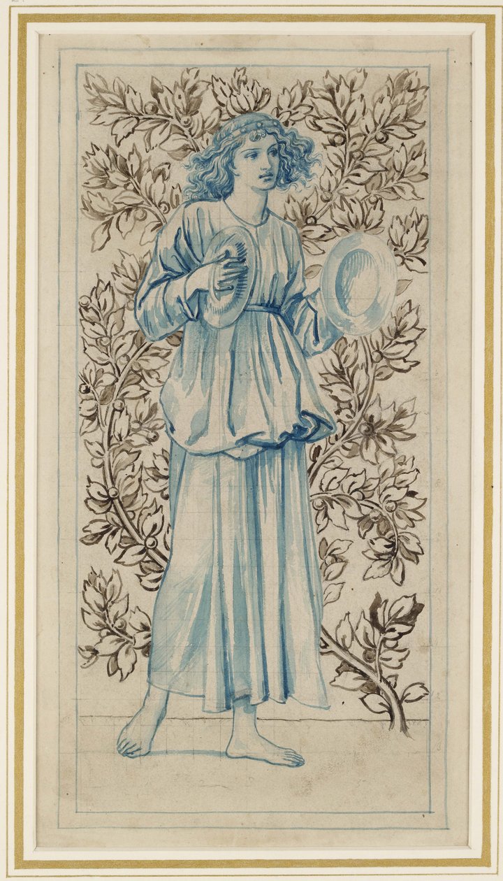 Ziller çalan bir Kadın (mavi ve kahverengi mürekkepli kalem ve rengi solmuş soluk buff kağıt üzerine sulu boya) by William Morris