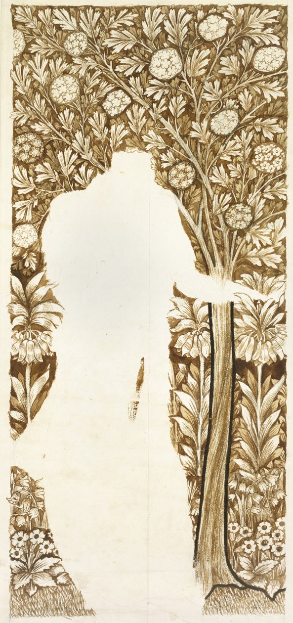 Bir yeşillik arka planı için tasarım (bitmemiş) (kahverengi yıkamalı grafit) by William Morris