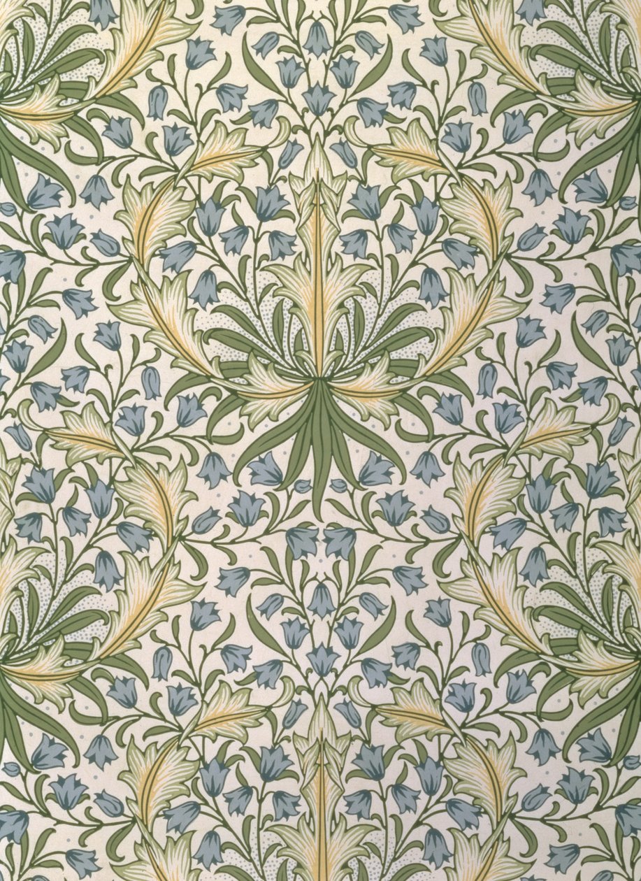 William Morris (1834-96) tarafından tasarlanan büyük yeşil yapraklar içinde küçük mavi çiçekli duvar kağıdı by William Morris