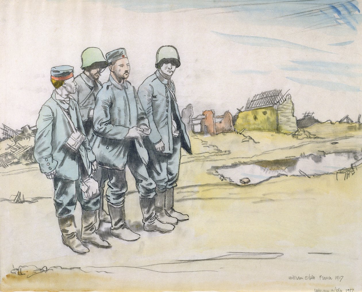 Bir Fransız Köyünden Dört Alman Mahkûm, 1917 (kağıt üzerinde kömür ve tuvalet) by William Orpen
