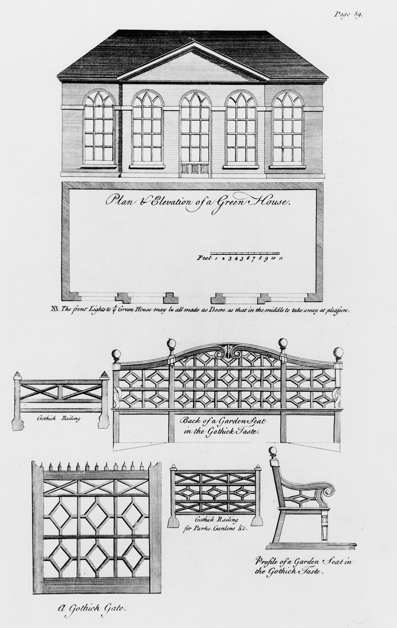 Gotik tarzda bir seranın planı ve yüksekliği ve bahçe tasarımları, 1783'te yayınlanan 'İnşaatçının Arkadaşı ve İşçinin Genel Asistanı'ndan by William Pain