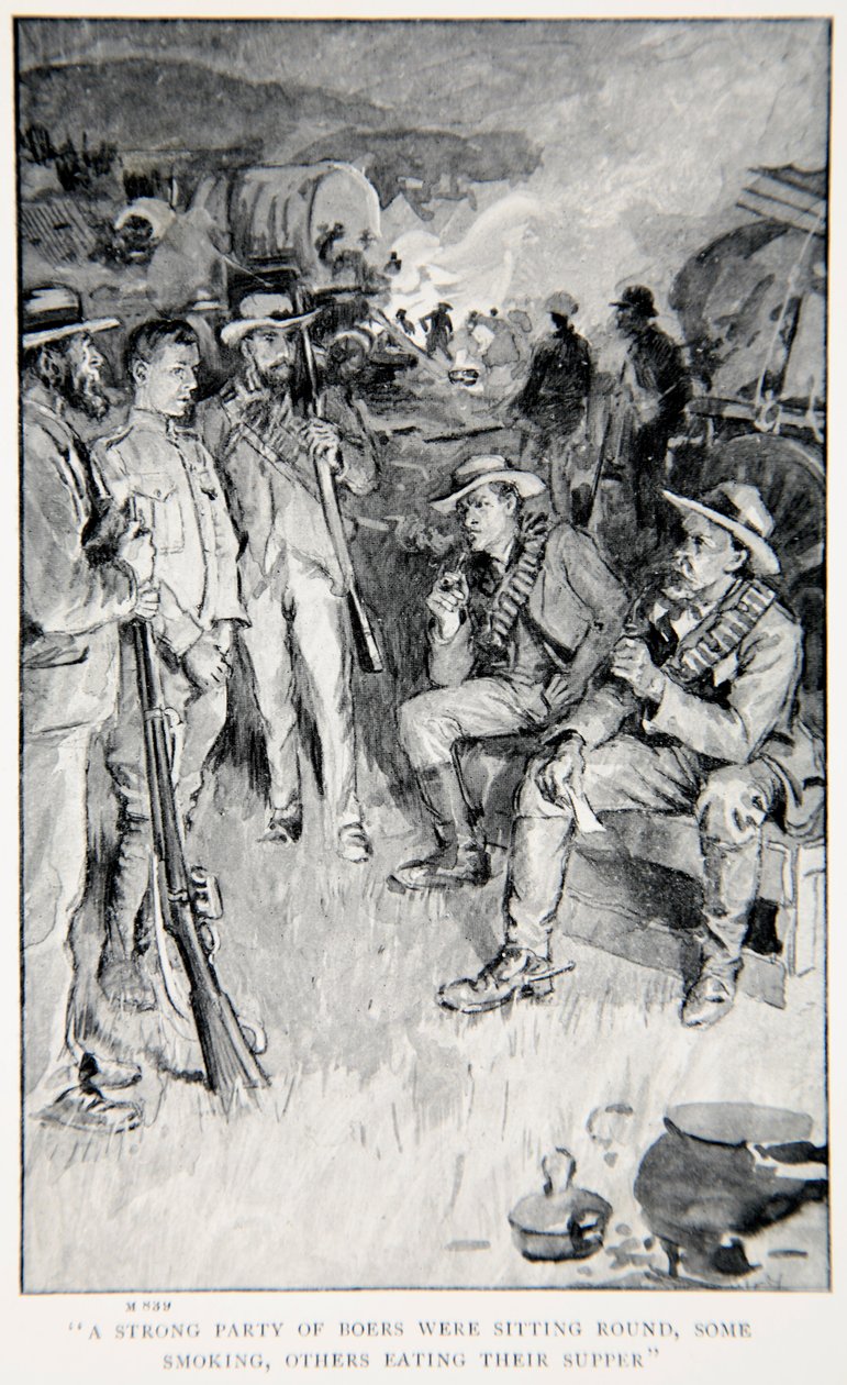 Güçlü bir Boers grubu etrafta oturuyordu, bazıları sigara içiyor, diğerleri akşam yemeğini yiyordu, G.A. Henry, bar. Londra, 1902 by William Rainey
