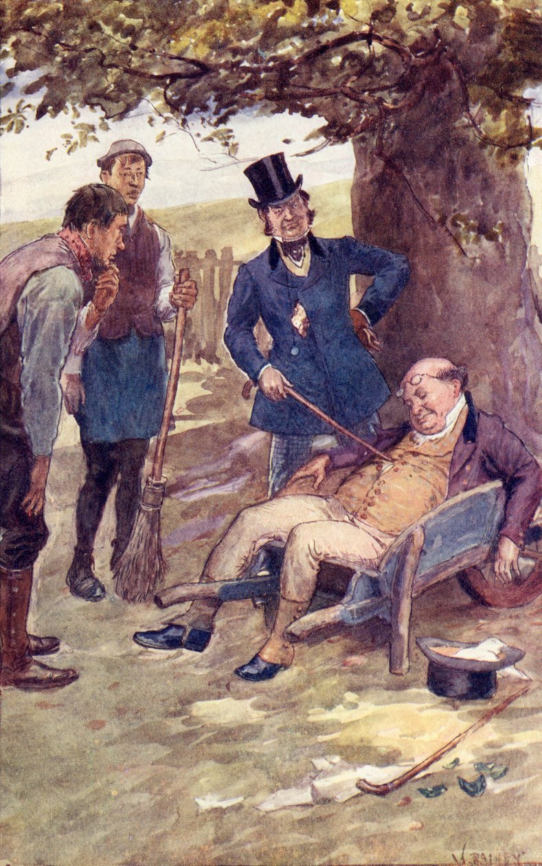 Bay Pickwick, Charles Dickens'ın "The Pickwick Papers"ının ön yüzü olan Kaptan Boldwig tarafından uyandırıldı by William Rainey