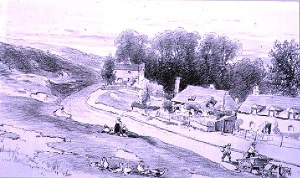 Kulübeler, arabalar ve kazlar ile yol, 19. yüzyıl by William Roxby Beverly