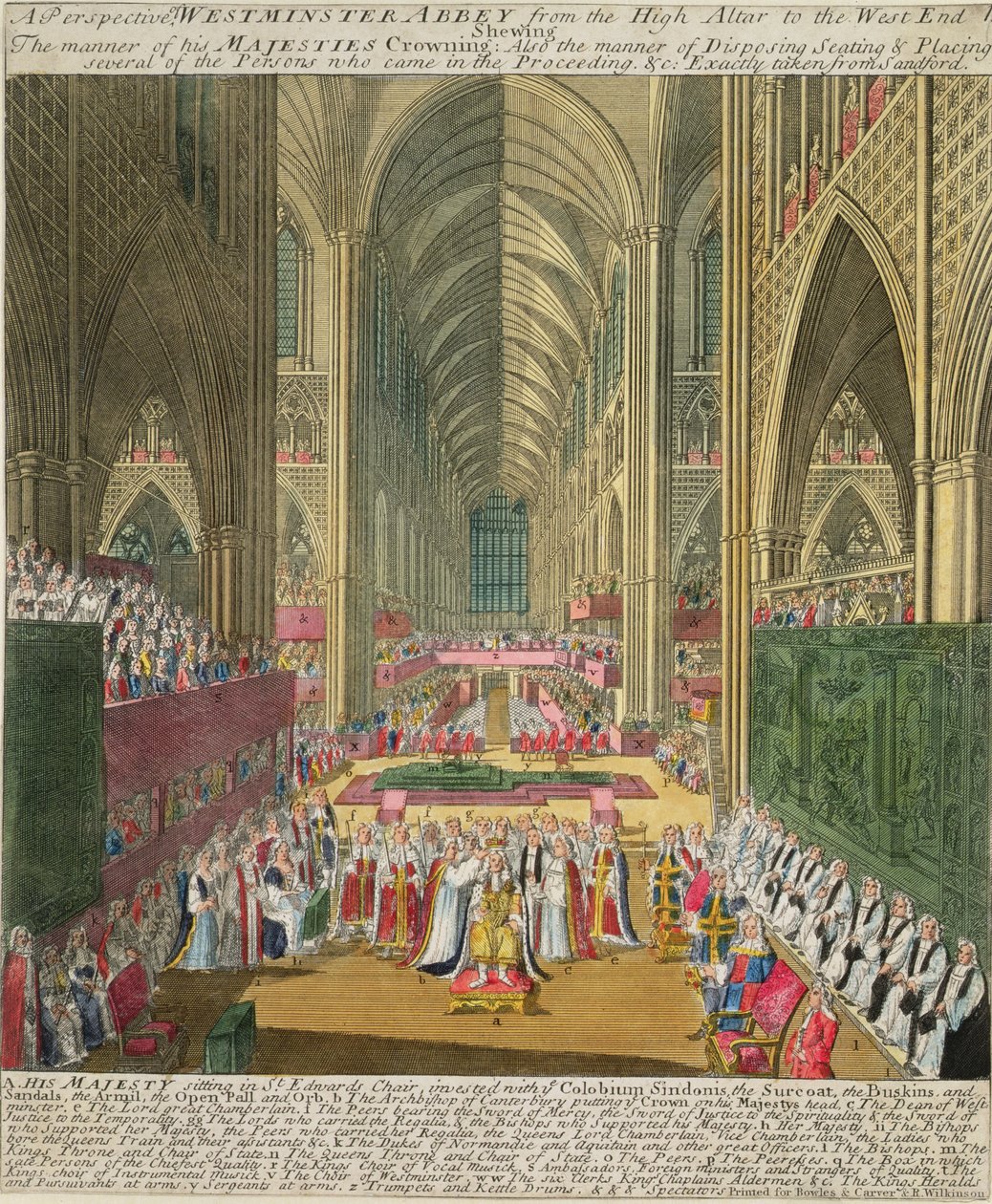 Francis Sandford'un bir hatıra kitabından Kral II. James'in taç giyme töreni (1633-1701), ilk kez 1697'de yayınlandı (renkli gravür) by William Sherwin
