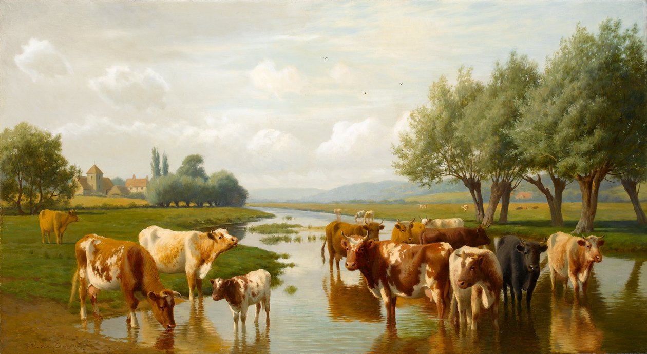 Thanington, Kent, 1901 yakınlarındaki bir Su Çayırında Sığır by William Sidney Cooper