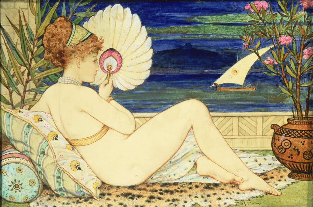 Yelpazeli Kadın, Minton Art Pottery, c.1872 (boyalı çini) by William Stephen Coleman