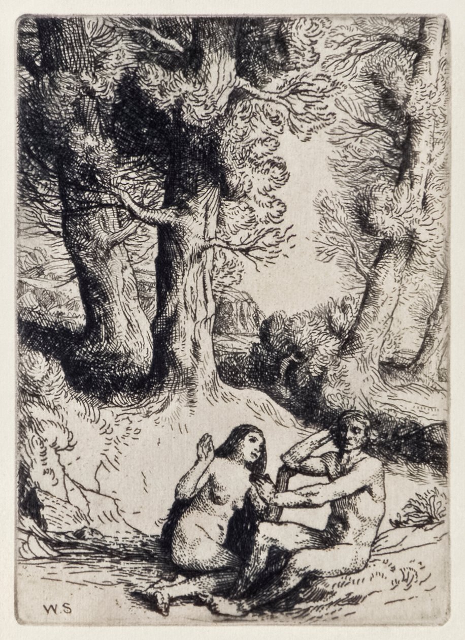 Adam, John Milton'ın (1608-1674) Kayıp Cennetten Havva'nın Taziyesini Reddediyor William Strang (1859-1921) tarafından kazınmış 12 resimlik bir dizi by William Strang