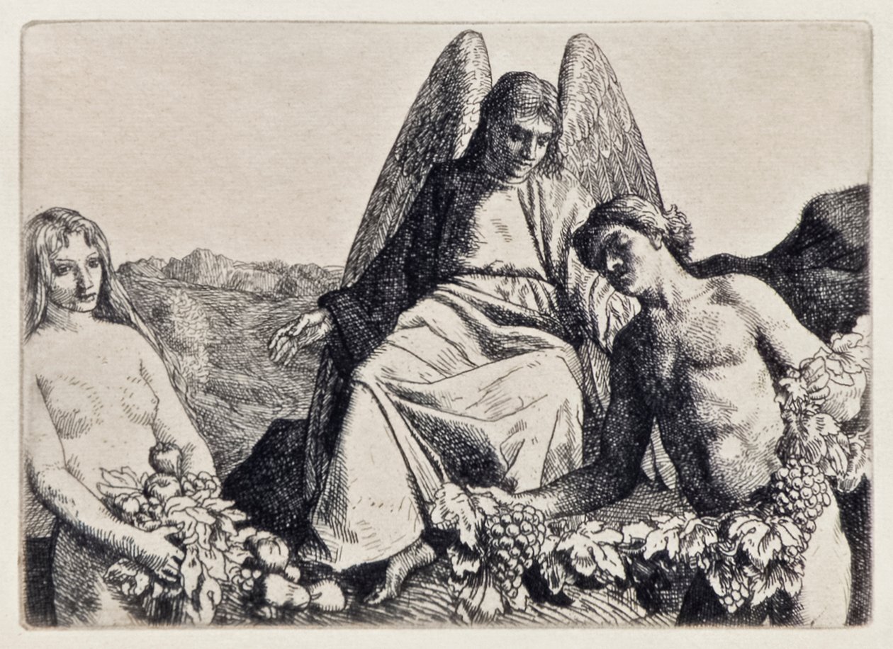 Adem ve Havva John Milton'ın (1608-1674) Kayıp Cennet'ten Raphael'i Eğlendiriyor William Strang (1859-1921) tarafından kazınmış 12 resimlik bir dizi by William Strang