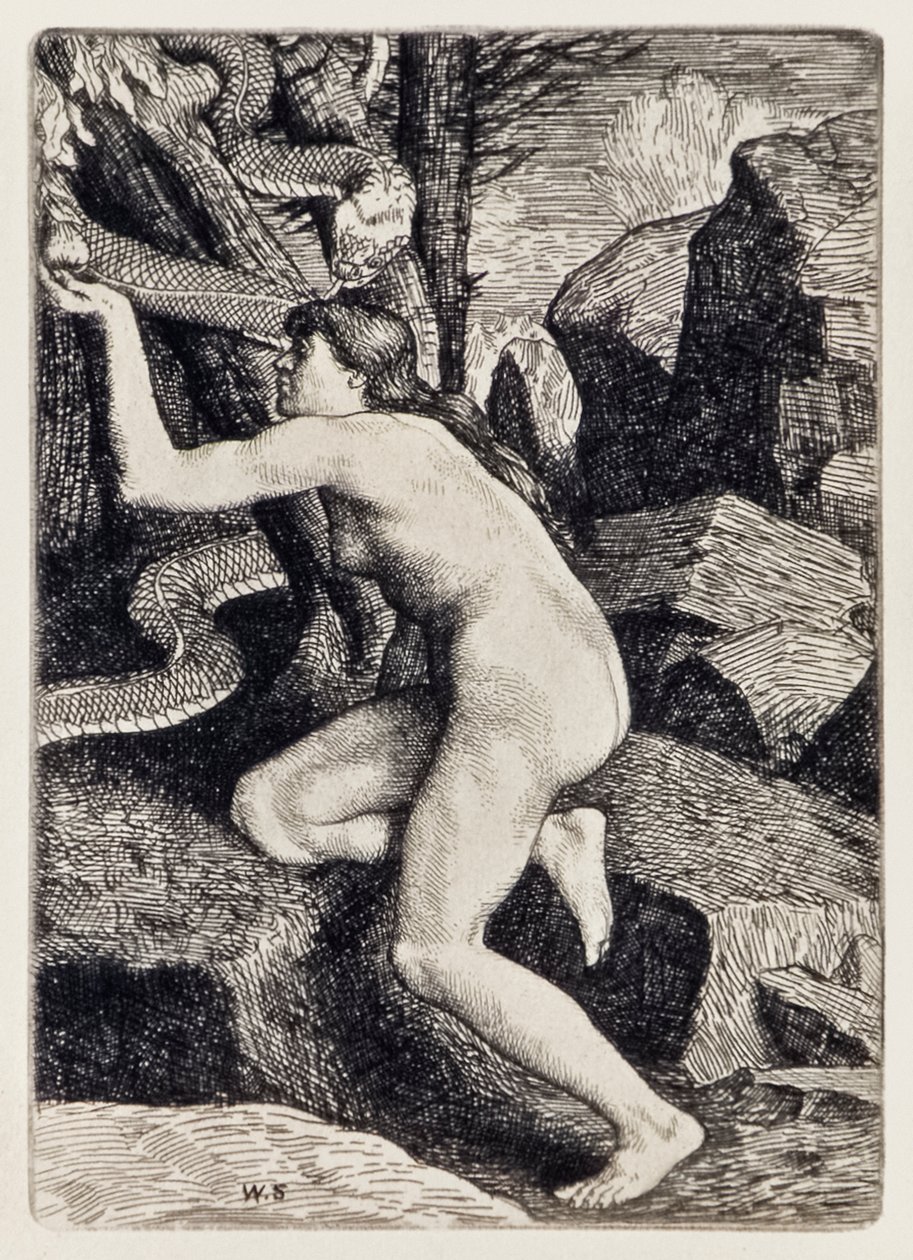 John Milton (1608-1674) tarafından Kayıp Cennetten Bir Yılan Şeklinde Şeytan Tarafından Baştan Çıkarılan Havva, William Strang (1859-1921) tarafından kazınmış bir dizi 12 resim by William Strang