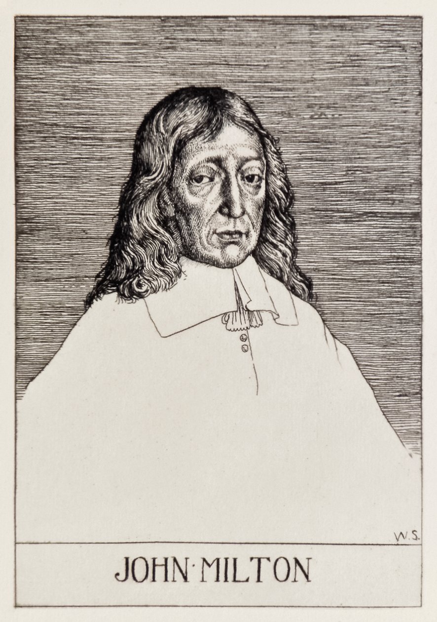 John Milton'ın (1608-1674) William Strang (1859-1921) tarafından kazınmış 12 resimlik bir dizi ile Kayıp Cennet'ten ön cephe portresi by William Strang