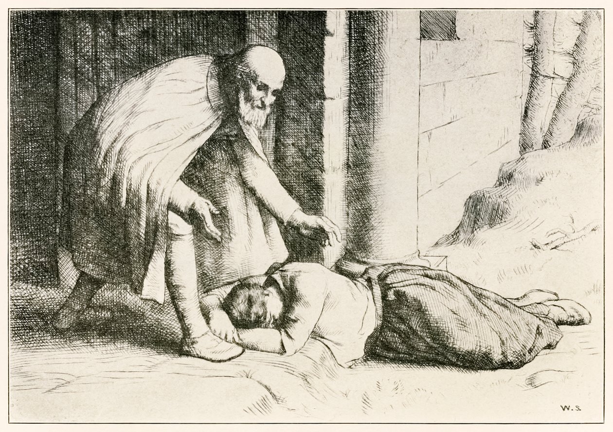 Kapının önünde merhamet baygınlık geçirir Hacılar Bu Dünyadan Gelecek Olanlara İlerler John Bunyan (1628-1688) William Strang'ın (1859-1921) çizimi Kapı bekçisi merhamete yardım eden Mercy'ye yardım eder. by William Strang