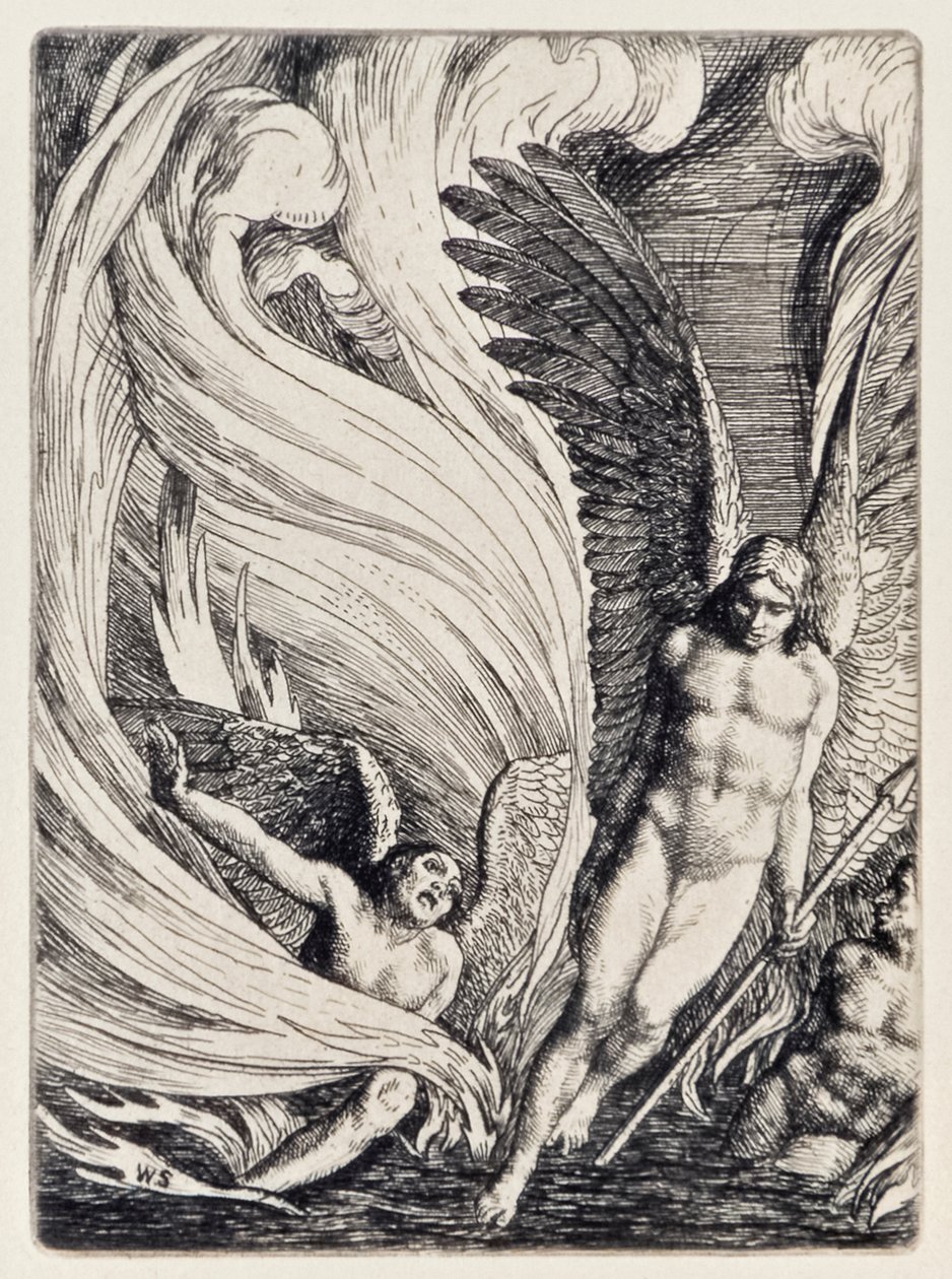 John Milton (1608-1674) tarafından Kayıp Cennetten Yanan Gölden Yükselen Şeytan, William Strang (1859-1921) tarafından kazınmış bir dizi 12 çizim by William Strang