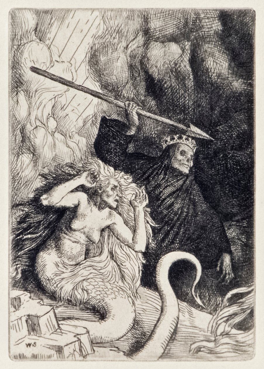 Cehennemin Kapılarında Günah ve Ölüm John Milton (1608-1674) tarafından Kayıp Cennetten William Strang (1859-1921) tarafından kazınmış 12 resimlik bir dizi by William Strang