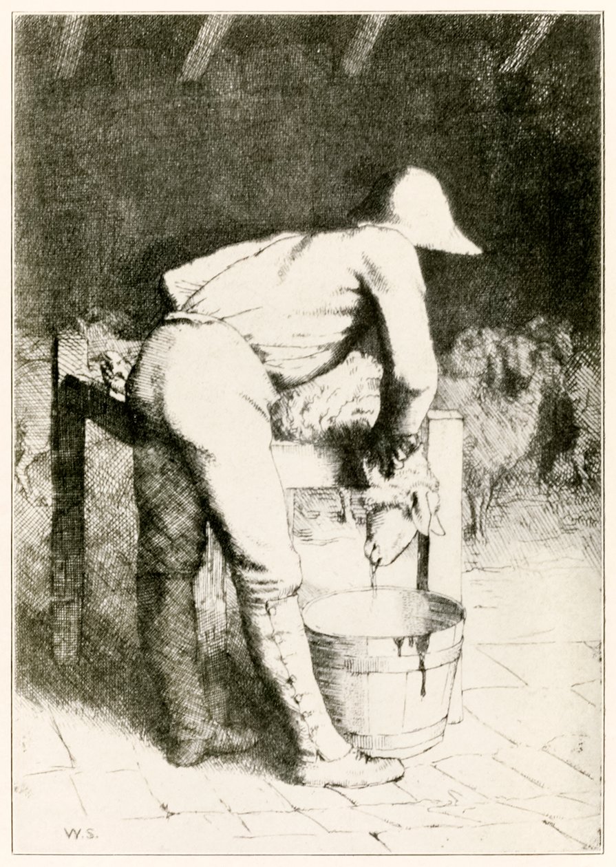 Hacılardan Kasap ve Koyun Bu Dünyadan İlerliyor, Gelecek Olanlara John Bunyan (1628-1688) William Strang (1859-1921) tarafından örnekleme Koyun sessizliğe bürünüyor by William Strang