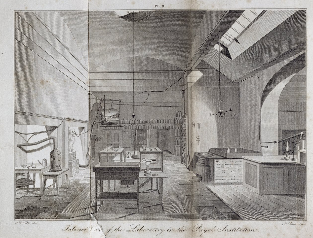 Kraliyet Enstitüsündeki Laboratuvarın İç Görünümü, James Basire (1796-1869) tarafından William Thomas Brandes