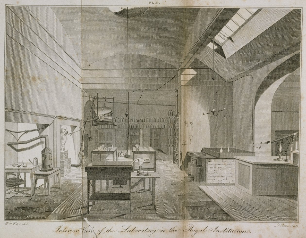 Interior of the Royal Institutions basement laboratory, from Manual of Chemistry, by W.T. Brande, engraved by James Basire, 1819 etching by William Tite