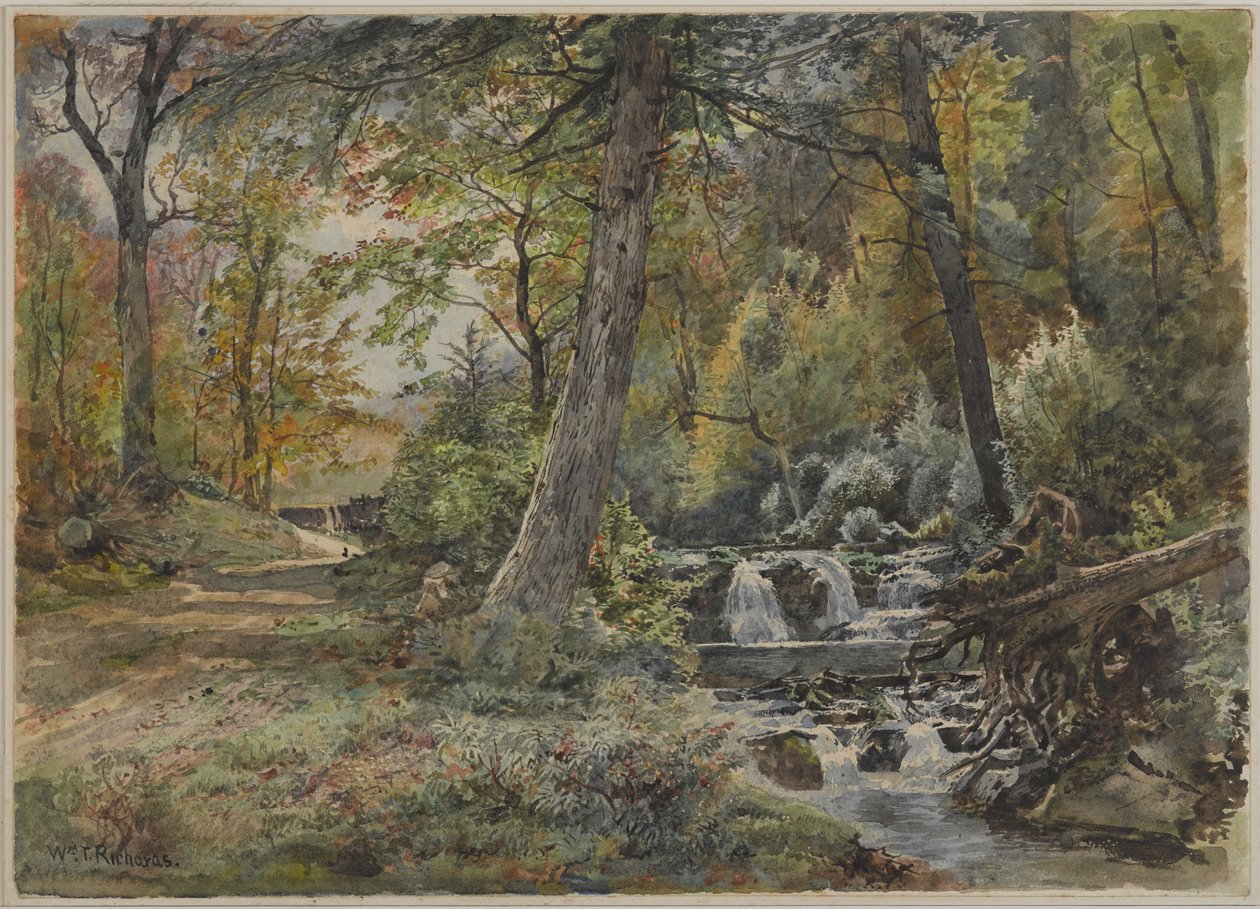 Stream and Road ile Peyzaj, Chester County, c.1886 (kirli beyaz, orta kalınlıkta, orta dokulu dokuma kağıt üzerinde grafit üzerinde wc) by William Trost Richards