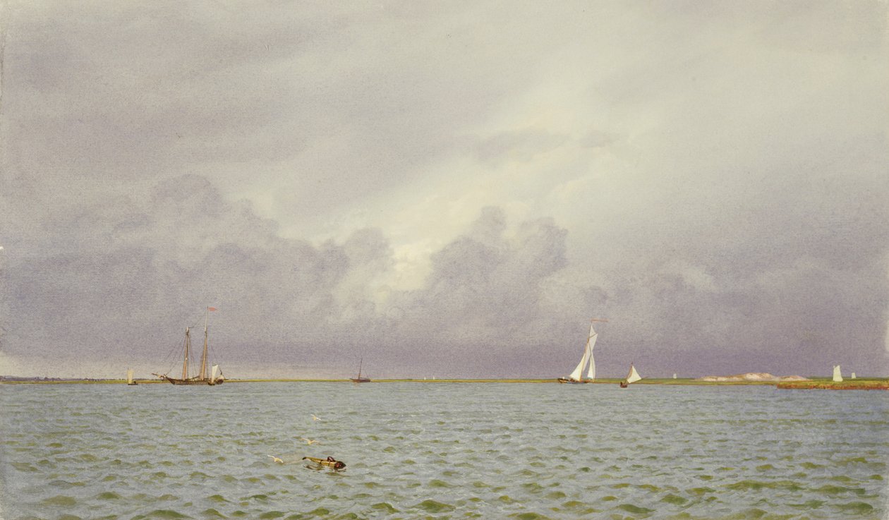 Marine with Yachts, 1865-75 (yeşil-gri dokuma kağıt üzerine wc ve guaj) by William Trost Richards