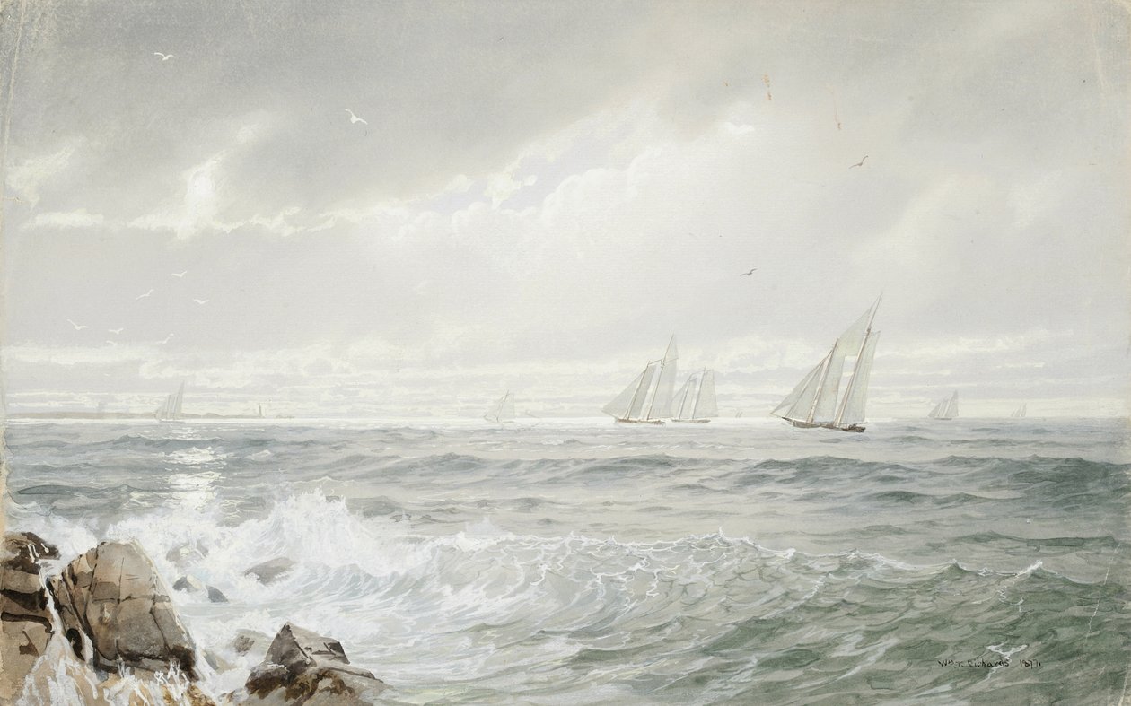 Yachts Off Newport, 1877 (devetüyü dokuma kağıt üzerine wc ve guaj) by William Trost Richards