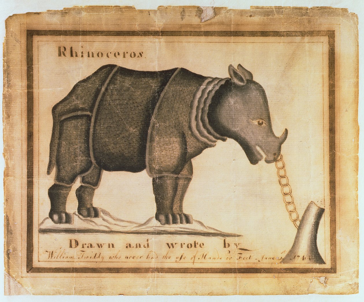 Ellerini ve ayaklarını hiç kullanmayan William Twiddy tarafından çizilen ve yazılan gergedan, 1 Haziran 1744 (wc kağıt üzerinde) by William Twiddy