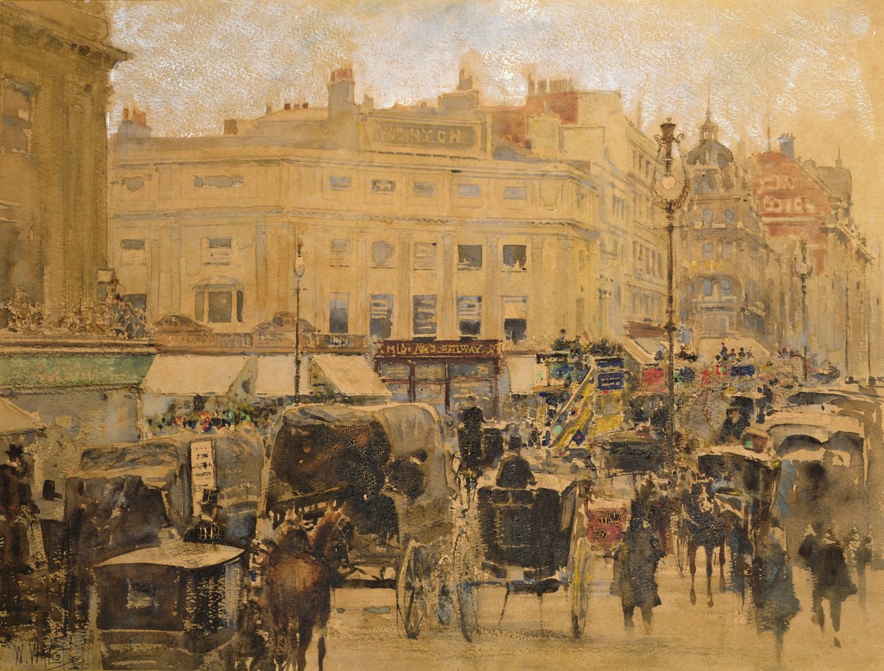 Rush Hour, Oxford Circus (wc ve renkli kağıt üzerine kurşun kalemle gomalak) by William Walcot
