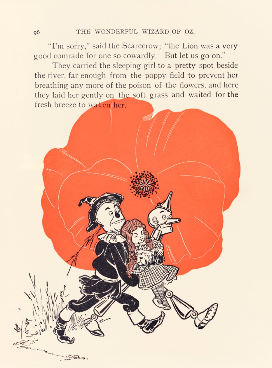 The Scarecrow and Tin Woodman rescue Dorothy from the deadly poppy field, from ?The Wonderful Wizard of Oz? by L. Frank Baum by William Wallace Denslow