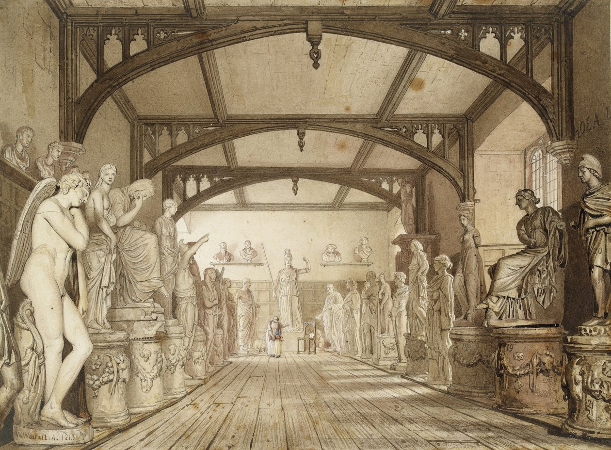 The Sculpture Gallery in the Examination Schools, Oxford, 1813 (Pen and brown ink and watercolours over indications in graphite) by William Westall