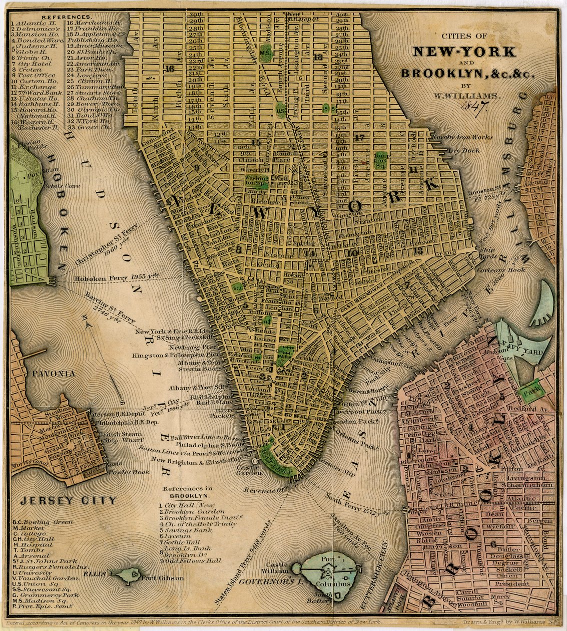 New-York ve Brooklyn Şehirleri, undc. undc., 1847 (kağıt üzerine siyah ve renkli mürekkep, arkası kağıtla desteklenmiştir) by William Williams