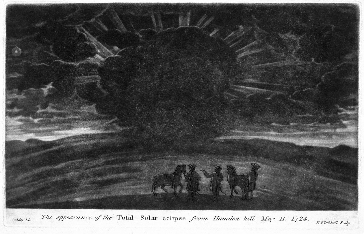 Tam Güneş Tutulmasının Haradon Tepesinden Görünüşü, 11 Mayıs 1724, E. Kirkhall tarafından oyulmuş (mezzotint) by William after Stukeley