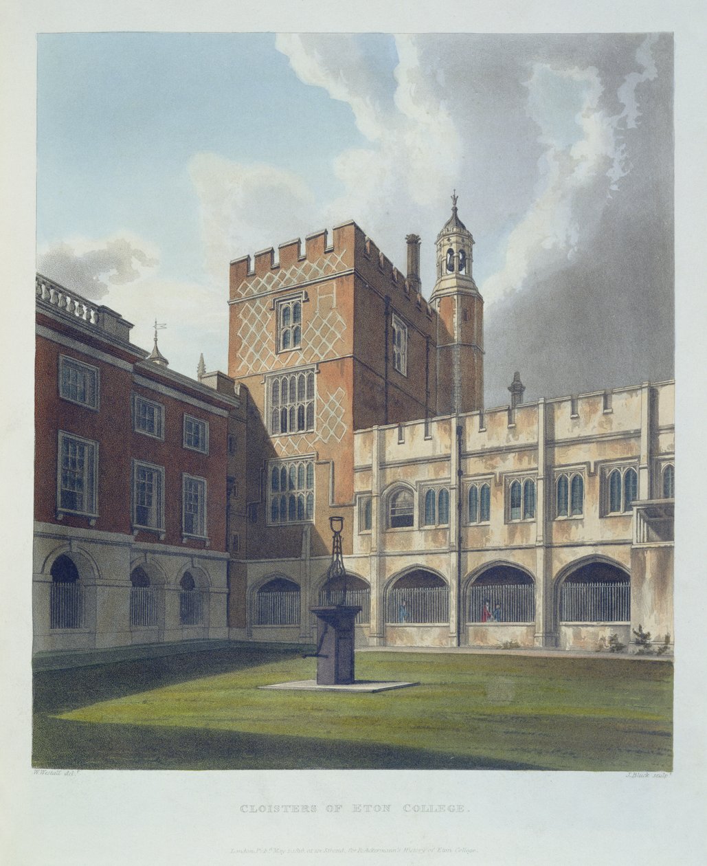 J. Bluck (fl.1791-1831) pub tarafından oyulmuş, Kolejler Tarihinin bir parçası olan Eton Koleji Tarihinden Eton Koleji Manastırları. R. Ackermann tarafından, 1816 (aquatint) by William after Westall