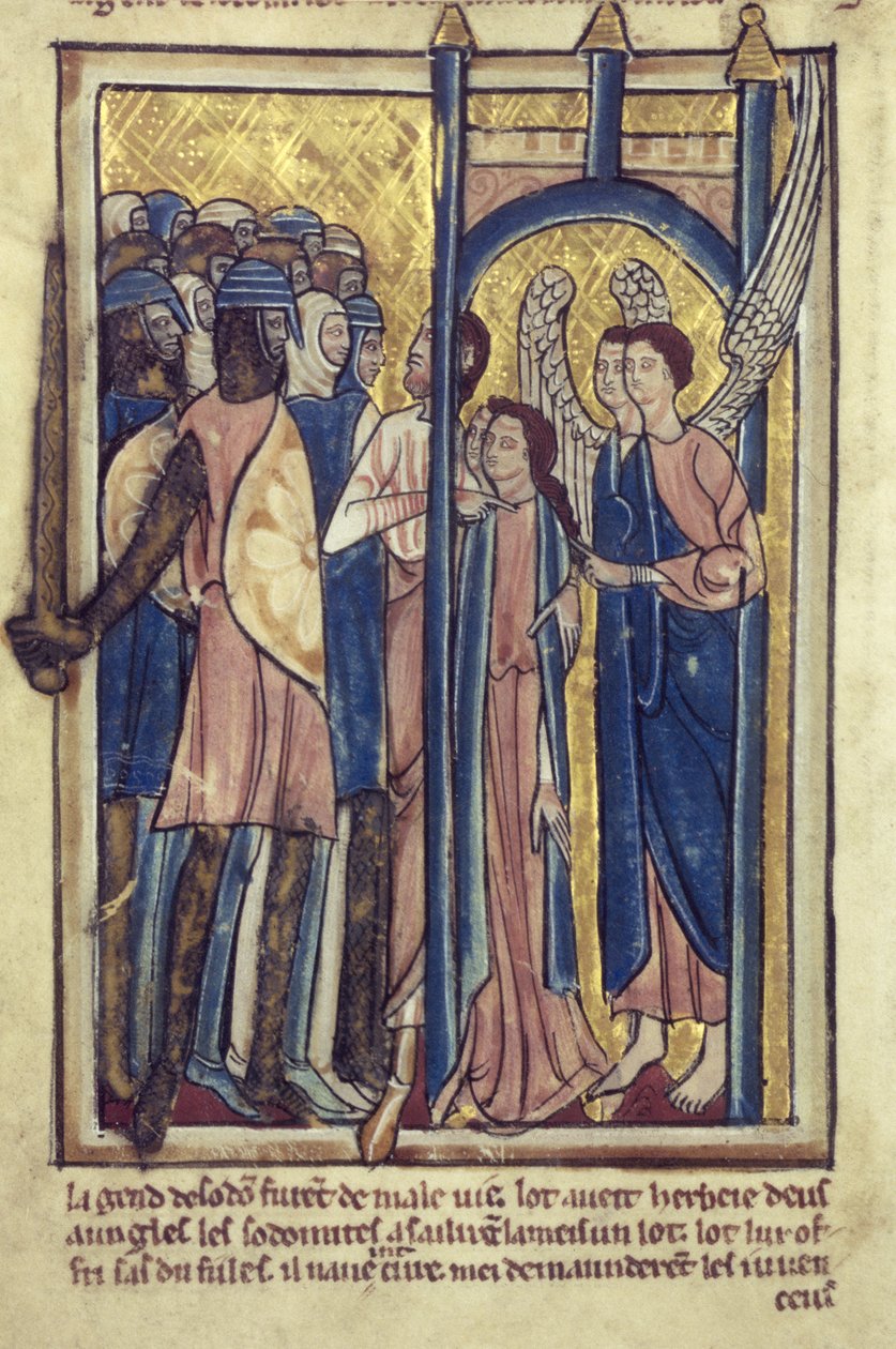 Lut, kızlarını Sodom sakinlerine İncil Resimleri kitabından sunuyor, yaklaşık 1250 by William de Brailes  